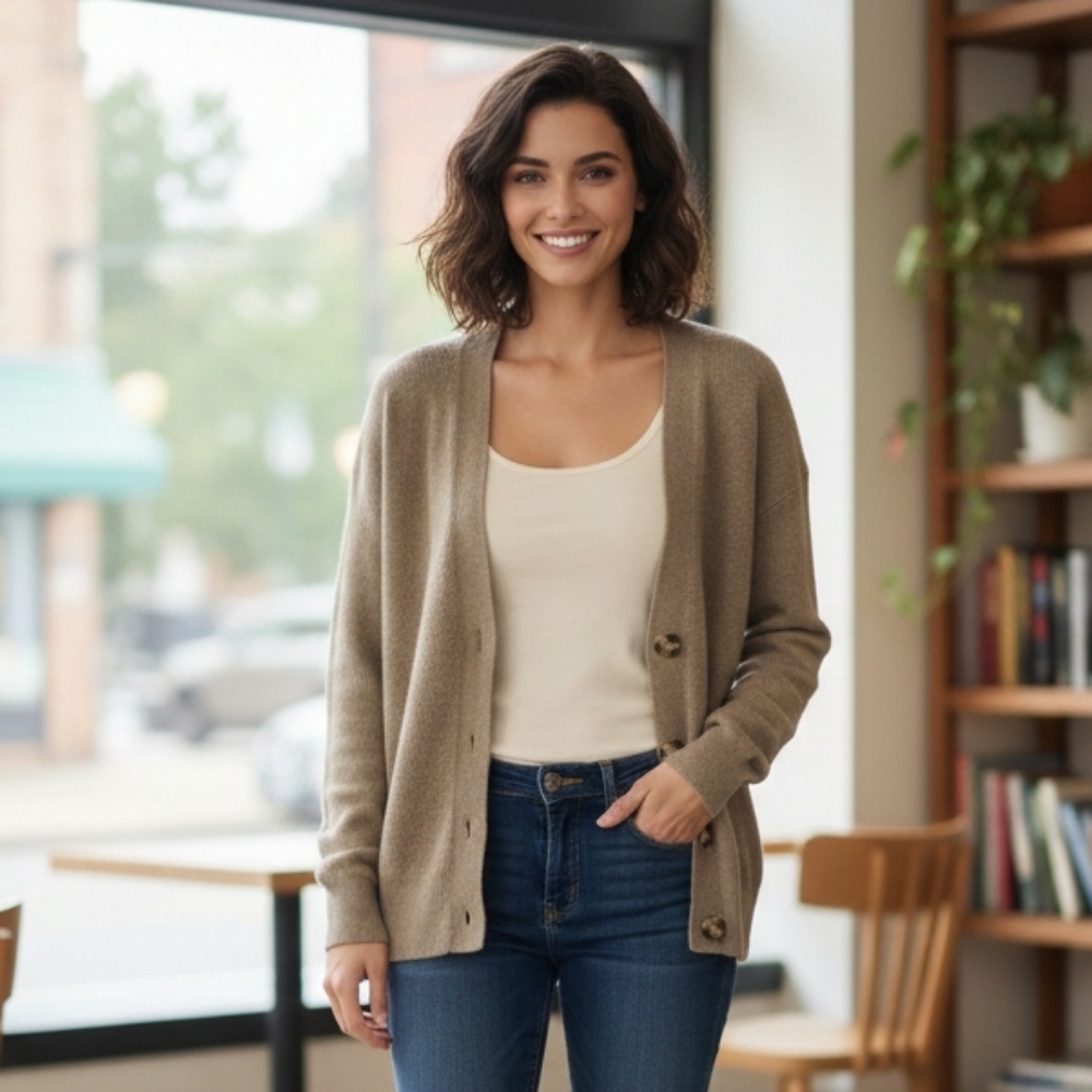 RW&CO. Women's Preppy Minimalist Neutral Brown Ribbed V-Neck Cardigan Size S